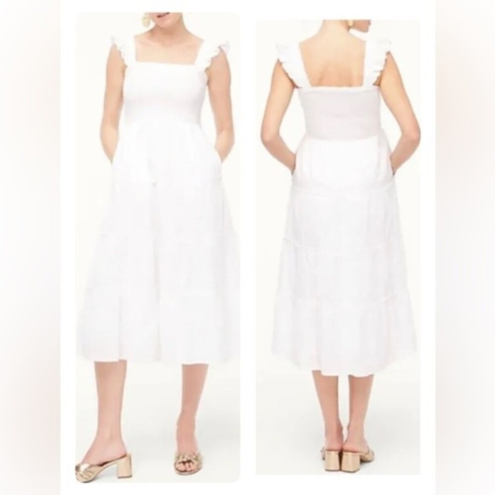 J. Crew White Cotton Smocked Bust Tiered Stripe Women's Midi Dress (Size M)